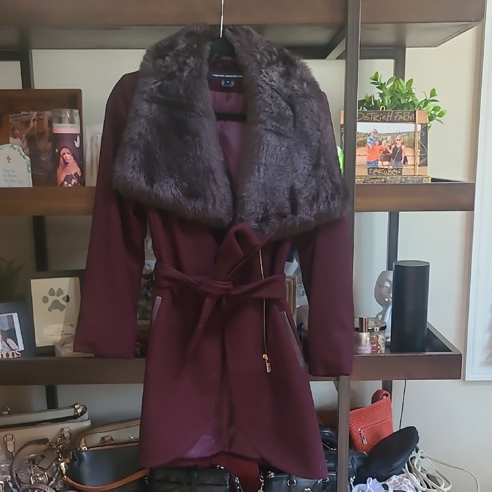 French Connection Maroon/plum Trench/pea  Coat with Faux Fur Collar. Wool